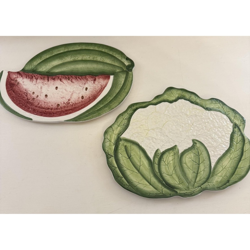 Ceramiche Leonardo Majolica Wall Plates Set of 2 Italy Watermelon Cauliflower